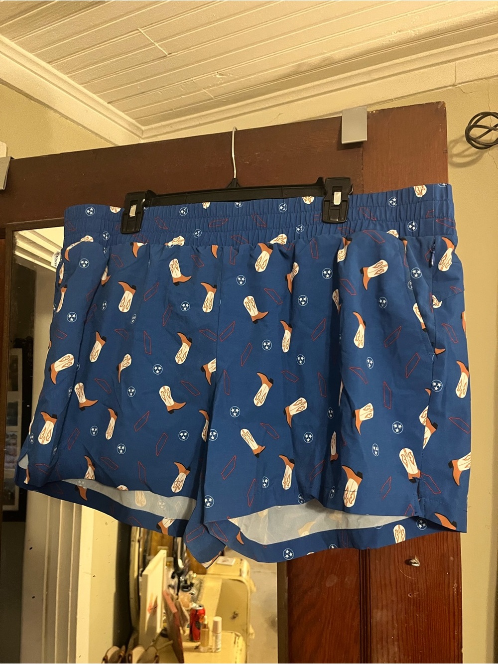 Magellan Outdoors Blue Athletic Shorts with White & Brown Print